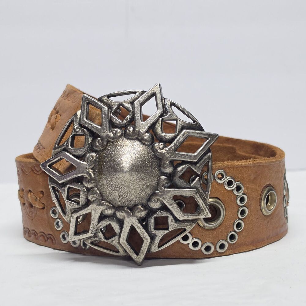 Vintage SEBASTIAN SA ELCHE Hand Tooled Cognac Brown Leather Studded Belt Spain